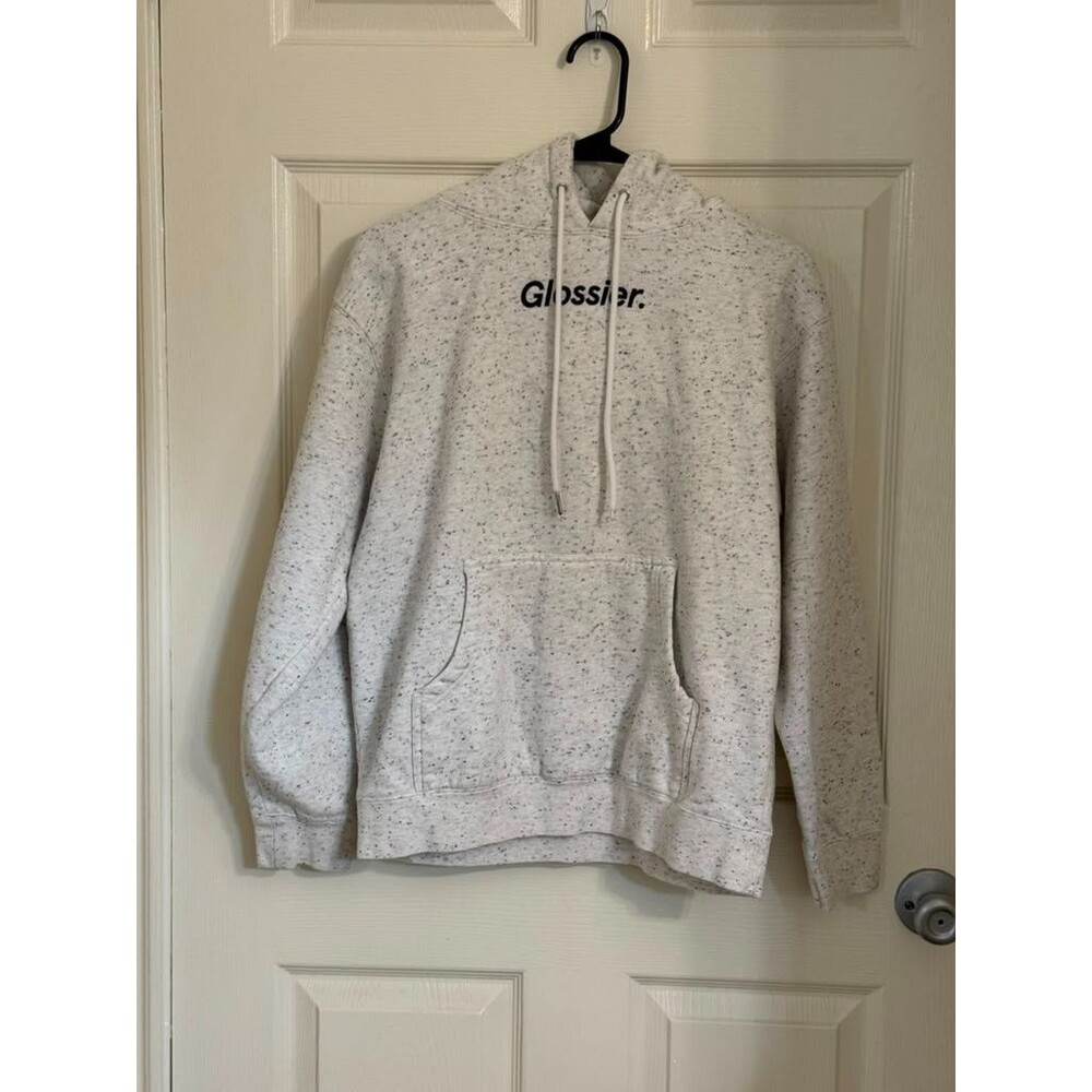 Glossier Speckled Pullover Hoodie White Black Logo Sweatshirt Women's Small